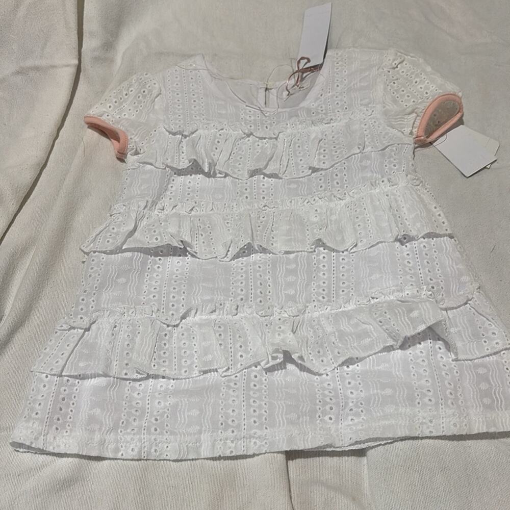 BCBG Girls 5 White Eyelet short sleeve ruffled blouse lined puff sleeves NWT